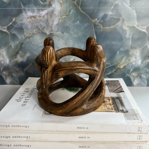 Abstract Handcarved Candle Holder Wooden Circle of Friends 5" Tall - Picture 2 of 12